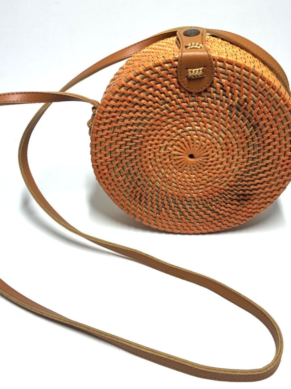 Round Rattan Wicker Circle Crossbody Bag Leather Strap Boho Beach 8in (ST)